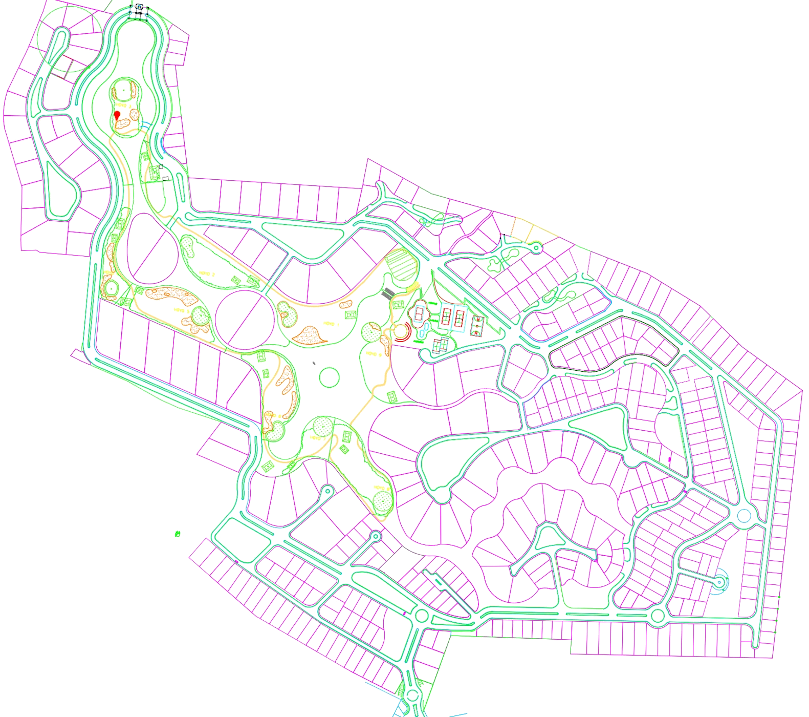 Plano esquemático de Alquerías con lotes, vialidades, áreas verdes, campo de golf e instalaciones deportivas